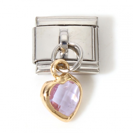 Picture of 1 Piece 304 Stainless Steel & Glass Italian Charm Links For DIY Bracelet Jewelry Making Silver Tone Mauve Rectangle Heart With Pendant 17mm x 10mm