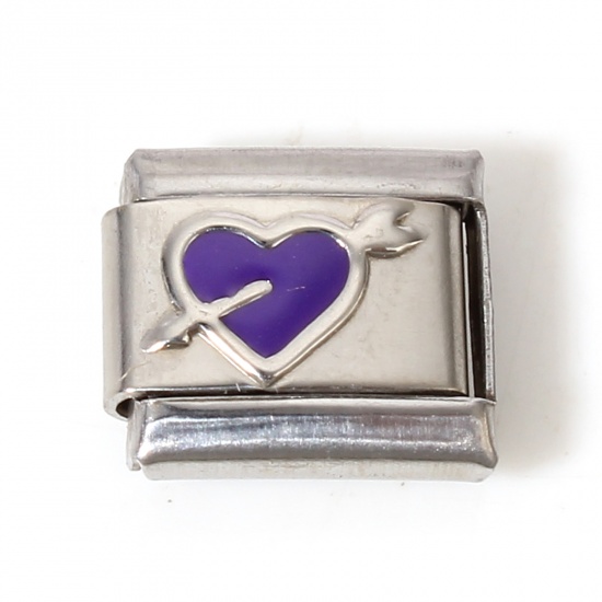 Picture of 1 Piece 304 Stainless Steel Italian Charm Links For DIY Bracelet Jewelry Making Silver Tone Purple Rectangle Arrow Through Heart Enamel 10mm x 9mm