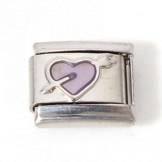 Picture of 1 Piece 304 Stainless Steel Italian Charm Links For DIY Bracelet Jewelry Making Silver Tone Mauve Rectangle Arrow Through Heart Enamel 10mm x 9mm