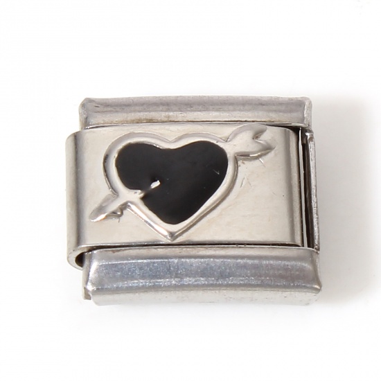 Picture of 1 Piece 304 Stainless Steel Italian Charm Links For DIY Bracelet Jewelry Making Silver Tone Black Rectangle Arrow Through Heart Enamel 10mm x 9mm