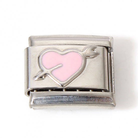 Picture of 1 Piece 304 Stainless Steel Italian Charm Links For DIY Bracelet Jewelry Making Silver Tone Light Pink Rectangle Arrow Through Heart Enamel 10mm x 9mm