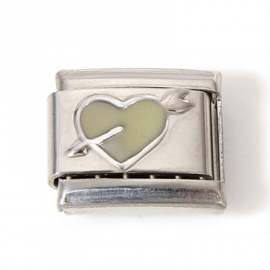 Picture of 1 Piece 304 Stainless Steel Italian Charm Links For DIY Bracelet Jewelry Making Silver Tone Pale Yellow Rectangle Arrow Through Heart Enamel 10mm x 9mm