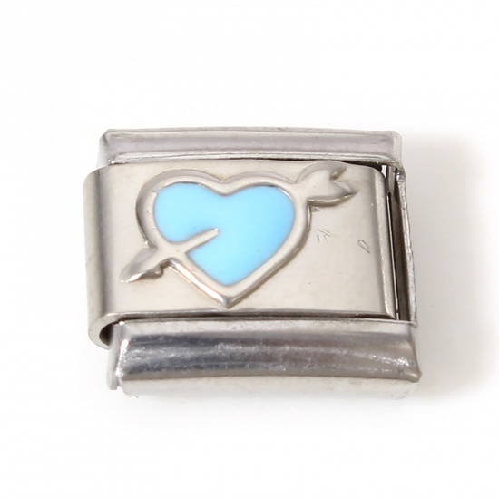Picture of 1 Piece 304 Stainless Steel Italian Charm Links For DIY Bracelet Jewelry Making Silver Tone Light Blue Rectangle Arrow Through Heart Enamel 10mm x 9mm