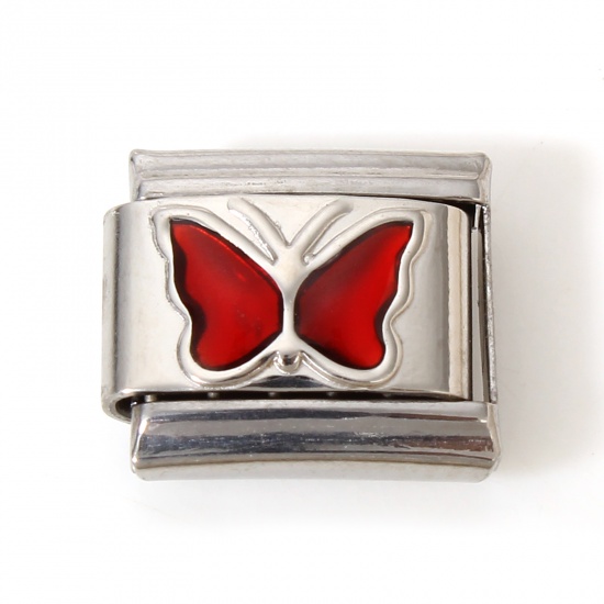 Picture of 1 Piece 304 Stainless Steel Italian Charm Links For DIY Bracelet Jewelry Making Silver Tone Red Rectangle Butterfly Enamel 10mm x 9mm