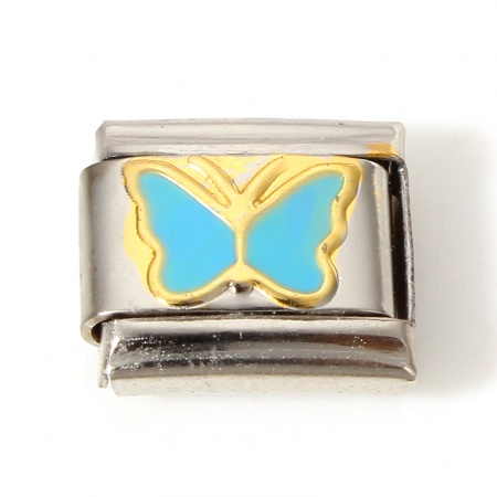 Picture of 1 Piece 304 Stainless Steel Italian Charm Links For DIY Bracelet Jewelry Making Silver Tone Blue Rectangle Butterfly Enamel 10mm x 9mm