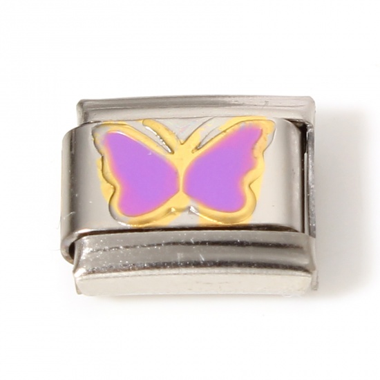 Picture of 1 Piece 304 Stainless Steel Italian Charm Links For DIY Bracelet Jewelry Making Silver Tone Purple Rectangle Butterfly Enamel 10mm x 9mm