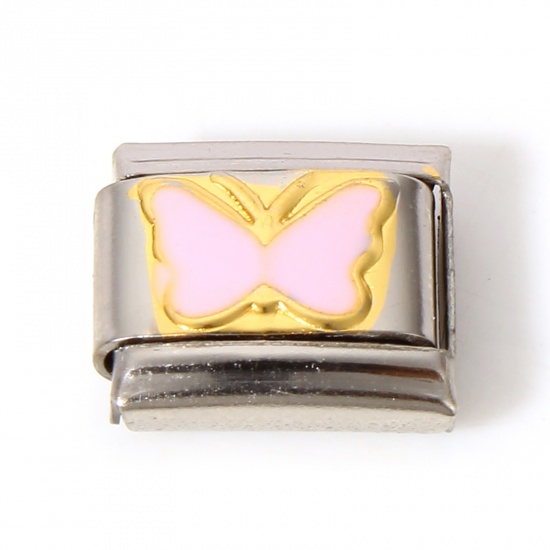 Picture of 1 Piece 304 Stainless Steel Italian Charm Links For DIY Bracelet Jewelry Making Silver Tone Light Pink Rectangle Butterfly Enamel 10mm x 9mm
