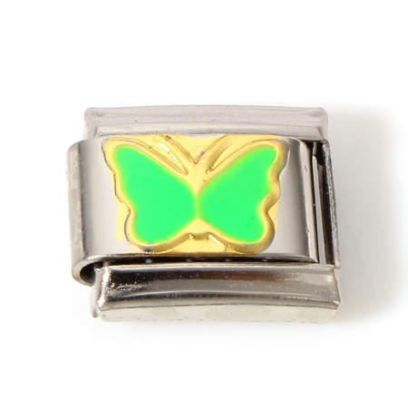 Picture of 1 Piece 304 Stainless Steel Italian Charm Links For DIY Bracelet Jewelry Making Silver Tone Green Rectangle Butterfly Enamel 10mm x 9mm