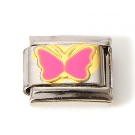 Picture of 1 Piece 304 Stainless Steel Italian Charm Links For DIY Bracelet Jewelry Making Silver Tone Fuchsia Rectangle Butterfly Enamel 10mm x 9mm