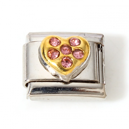 Picture of 1 Piece 304 Stainless Steel Italian Charm Links For DIY Bracelet Jewelry Making Gold Plated & Silver Tone Rectangle Heart Pink Rhinestone 10mm x 9mm