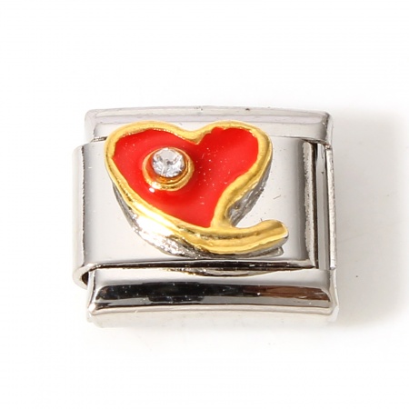 Picture of 1 Piece 304 Stainless Steel Italian Charm Links For DIY Bracelet Jewelry Making Gold Plated & Silver Tone Red Rectangle Heart Enamel Clear Rhinestone 10mm x 9mm