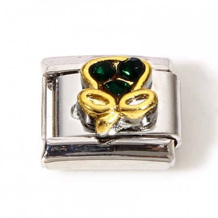 Picture of 1 Piece 304 Stainless Steel Italian Charm Links For DIY Bracelet Jewelry Making Gold Plated & Silver Tone Rectangle Eggplant Deep Green Rhinestone 10mm x 9mm