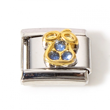 Picture of 1 Piece 304 Stainless Steel Italian Charm Links For DIY Bracelet Jewelry Making Gold Plated & Silver Tone Rectangle Eggplant Blue Rhinestone 10mm x 9mm