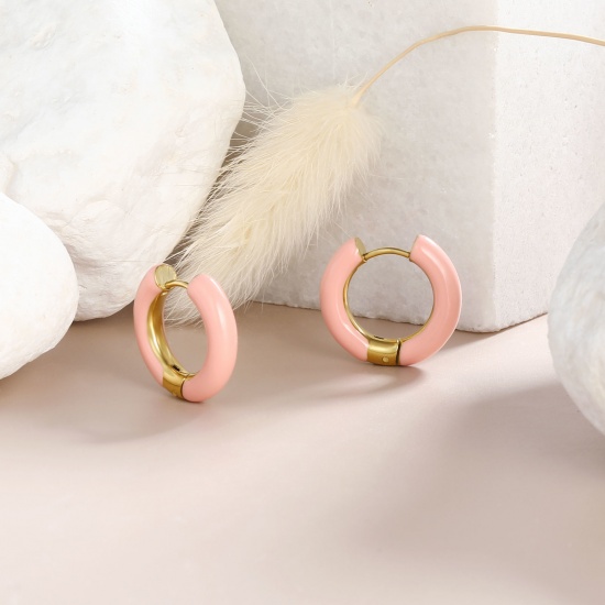 Imagen de 1 Par Respetuoso del Medio Ambiente Elegante Exquisito Oro Real Chapado Rosa Melocotón 304 Acero Inoxidable Esmalte Pendientes de Aro Para Mujeres Regalo 20mm Dia.