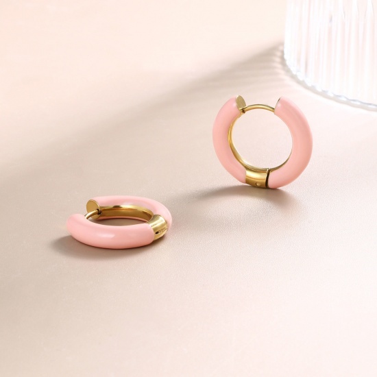 Imagen de 1 Par Respetuoso del Medio Ambiente Elegante Exquisito Oro Real Chapado Rosa Melocotón 304 Acero Inoxidable Esmalte Pendientes de Aro Para Mujeres Regalo 20mm Dia.