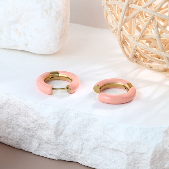 Imagen de 1 Par Respetuoso del Medio Ambiente Elegante Exquisito Oro Real Chapado Rosa Melocotón 304 Acero Inoxidable Esmalte Pendientes de Aro Para Mujeres Regalo 20mm Dia.