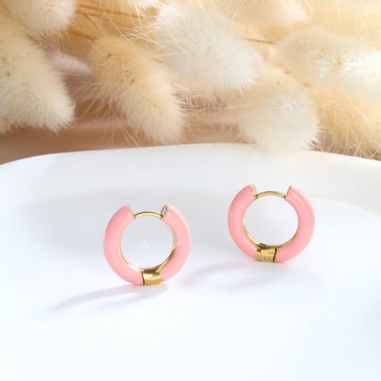 Imagen de 1 Par Respetuoso del Medio Ambiente Elegante Exquisito Oro Real Chapado Rosa Melocotón 304 Acero Inoxidable Esmalte Pendientes de Aro Para Mujeres Regalo 20mm Dia.