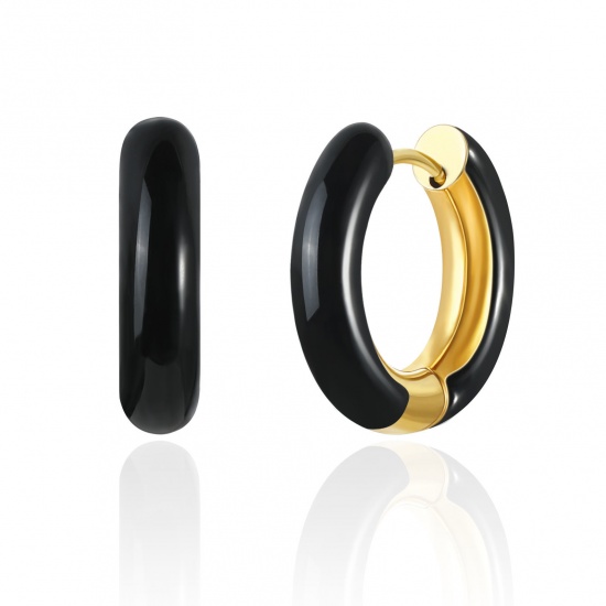 Imagen de 1 Par Respetuoso del Medio Ambiente Elegante Exquisito Oro Real Chapado Negro 304 Acero Inoxidable Esmalte Pendientes de Aro Para Mujeres Regalo 20mm Dia.