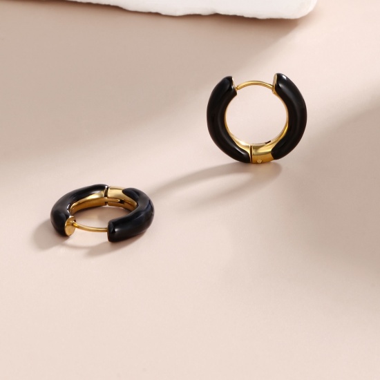 Imagen de 1 Par Respetuoso del Medio Ambiente Elegante Exquisito Oro Real Chapado Negro 304 Acero Inoxidable Esmalte Pendientes de Aro Para Mujeres Regalo 20mm Dia.