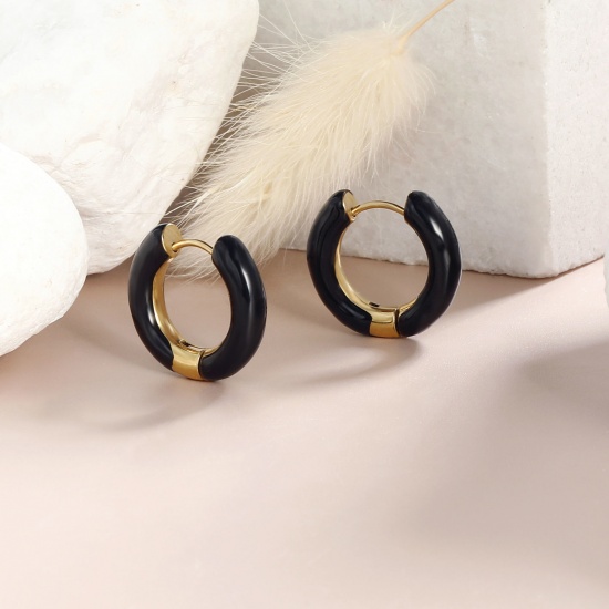 Imagen de 1 Par Respetuoso del Medio Ambiente Elegante Exquisito Oro Real Chapado Negro 304 Acero Inoxidable Esmalte Pendientes de Aro Para Mujeres Regalo 20mm Dia.