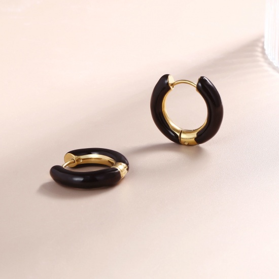 Imagen de 1 Par Respetuoso del Medio Ambiente Elegante Exquisito Oro Real Chapado Negro 304 Acero Inoxidable Esmalte Pendientes de Aro Para Mujeres Regalo 20mm Dia.