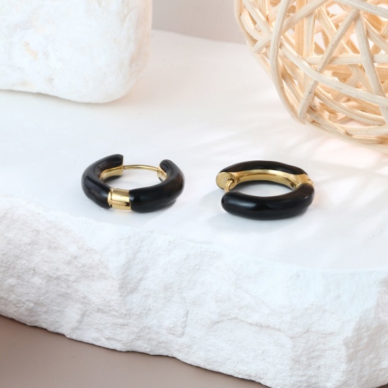 Imagen de 1 Par Respetuoso del Medio Ambiente Elegante Exquisito Oro Real Chapado Negro 304 Acero Inoxidable Esmalte Pendientes de Aro Para Mujeres Regalo 20mm Dia.