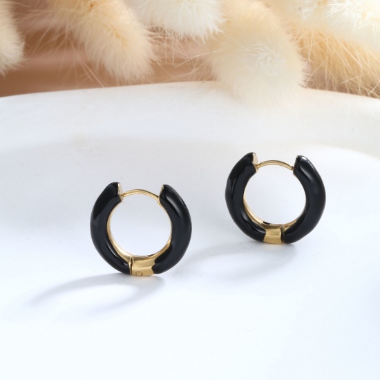 Imagen de 1 Par Respetuoso del Medio Ambiente Elegante Exquisito Oro Real Chapado Negro 304 Acero Inoxidable Esmalte Pendientes de Aro Para Mujeres Regalo 20mm Dia.