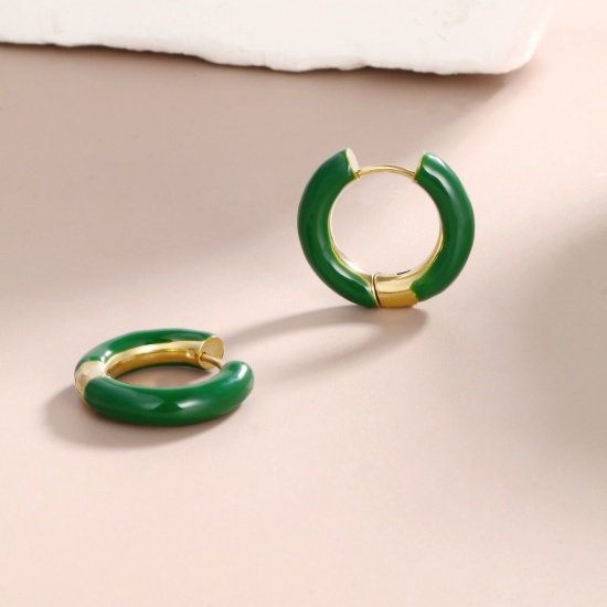 Imagen de 1 Par Respetuoso del Medio Ambiente Elegante Exquisito Oro Real Chapado Esmeralda 304 Acero Inoxidable Pendientes de Aro Para Mujeres Regalo 20mm Dia.