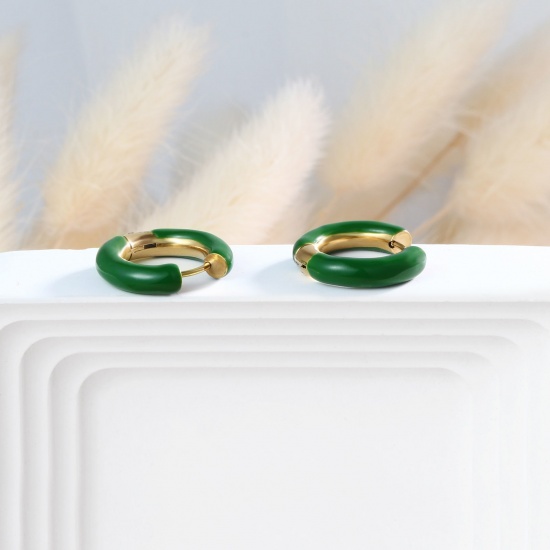 Imagen de 1 Par Respetuoso del Medio Ambiente Elegante Exquisito Oro Real Chapado Esmeralda 304 Acero Inoxidable Pendientes de Aro Para Mujeres Regalo 20mm Dia.