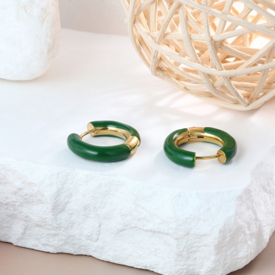 Imagen de 1 Par Respetuoso del Medio Ambiente Elegante Exquisito Oro Real Chapado Esmeralda 304 Acero Inoxidable Pendientes de Aro Para Mujeres Regalo 20mm Dia.