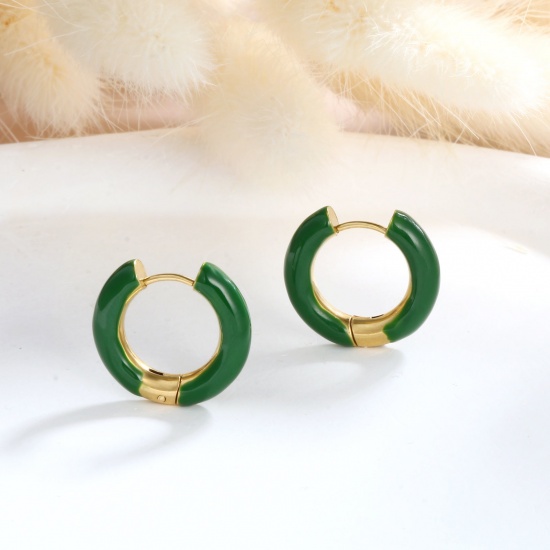 Imagen de 1 Par Respetuoso del Medio Ambiente Elegante Exquisito Oro Real Chapado Esmeralda 304 Acero Inoxidable Pendientes de Aro Para Mujeres Regalo 20mm Dia.