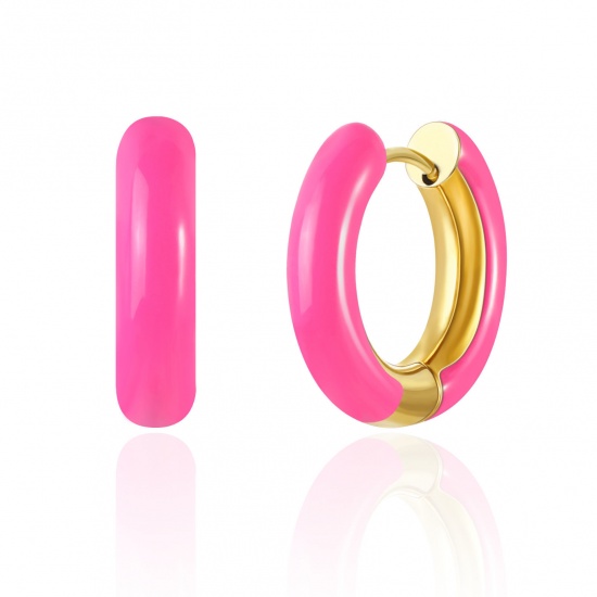 Imagen de 1 Par Respetuoso del Medio Ambiente Elegante Exquisito Oro Real Chapado Fucsia 304 Acero Inoxidable Esmalte Pendientes de Aro Para Mujeres Regalo 20mm Dia.