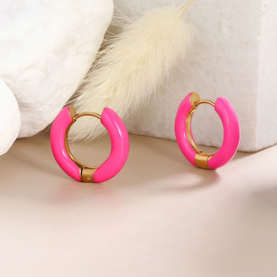 Imagen de 1 Par Respetuoso del Medio Ambiente Elegante Exquisito Oro Real Chapado Fucsia 304 Acero Inoxidable Esmalte Pendientes de Aro Para Mujeres Regalo 20mm Dia.