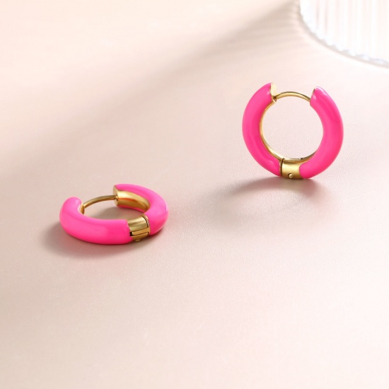 Imagen de 1 Par Respetuoso del Medio Ambiente Elegante Exquisito Oro Real Chapado Fucsia 304 Acero Inoxidable Esmalte Pendientes de Aro Para Mujeres Regalo 20mm Dia.