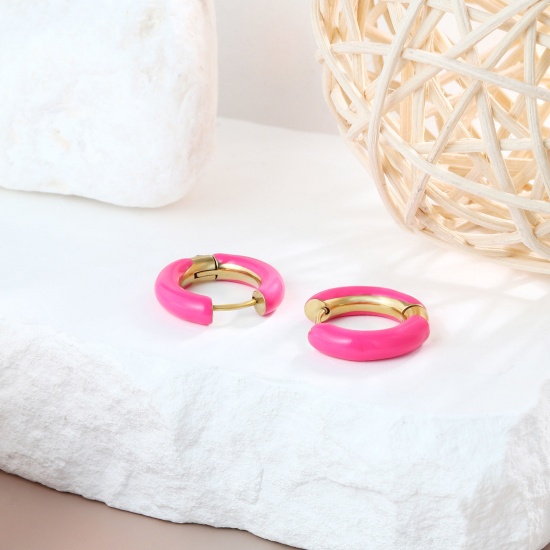 Imagen de 1 Par Respetuoso del Medio Ambiente Elegante Exquisito Oro Real Chapado Fucsia 304 Acero Inoxidable Esmalte Pendientes de Aro Para Mujeres Regalo 20mm Dia.