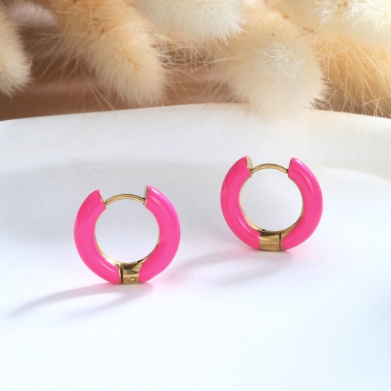 Imagen de 1 Par Respetuoso del Medio Ambiente Elegante Exquisito Oro Real Chapado Fucsia 304 Acero Inoxidable Esmalte Pendientes de Aro Para Mujeres Regalo 20mm Dia.