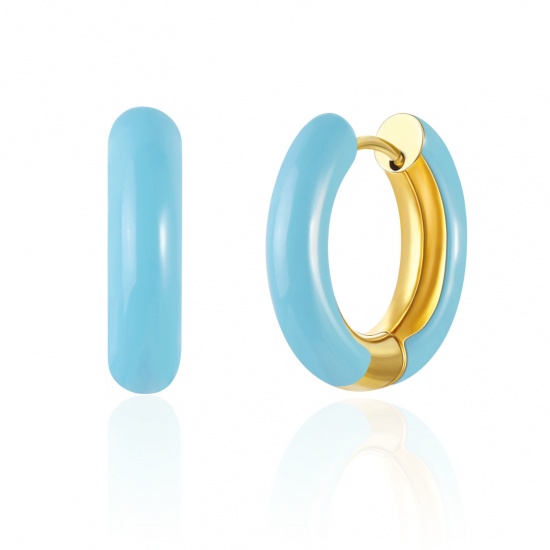 Imagen de 1 Par Respetuoso del Medio Ambiente Elegante Exquisito Oro Real Chapado Azul 304 Acero Inoxidable Esmalte Pendientes de Aro Para Mujeres Regalo 20mm Dia.