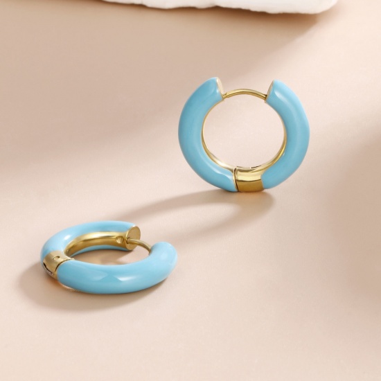 Imagen de 1 Par Respetuoso del Medio Ambiente Elegante Exquisito Oro Real Chapado Azul 304 Acero Inoxidable Esmalte Pendientes de Aro Para Mujeres Regalo 20mm Dia.