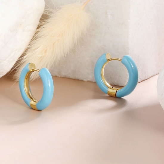 Imagen de 1 Par Respetuoso del Medio Ambiente Elegante Exquisito Oro Real Chapado Azul 304 Acero Inoxidable Esmalte Pendientes de Aro Para Mujeres Regalo 20mm Dia.