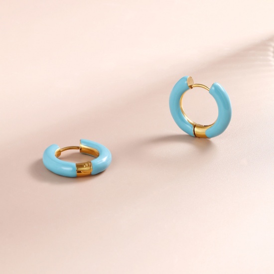 Imagen de 1 Par Respetuoso del Medio Ambiente Elegante Exquisito Oro Real Chapado Azul 304 Acero Inoxidable Esmalte Pendientes de Aro Para Mujeres Regalo 20mm Dia.