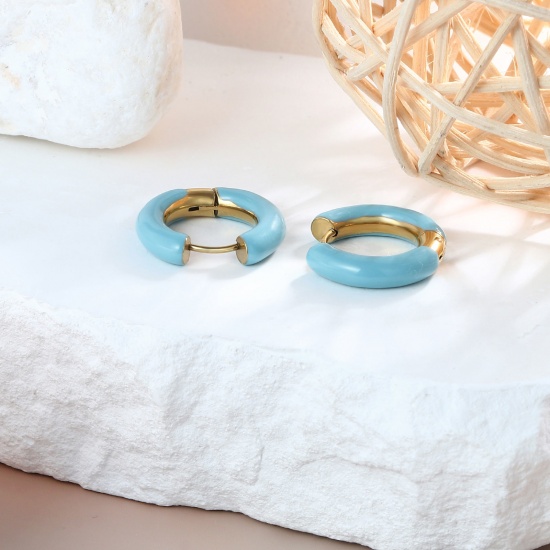 Imagen de 1 Par Respetuoso del Medio Ambiente Elegante Exquisito Oro Real Chapado Azul 304 Acero Inoxidable Esmalte Pendientes de Aro Para Mujeres Regalo 20mm Dia.