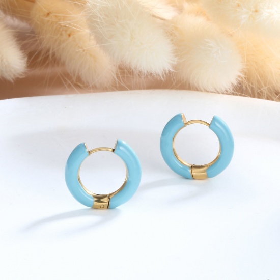 Imagen de 1 Par Respetuoso del Medio Ambiente Elegante Exquisito Oro Real Chapado Azul 304 Acero Inoxidable Esmalte Pendientes de Aro Para Mujeres Regalo 20mm Dia.