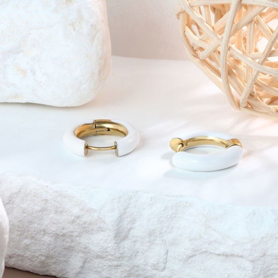 Imagen de 1 Par Respetuoso del Medio Ambiente Elegante Exquisito Oro Real Chapado Blanco 304 Acero Inoxidable Pendientes de Aro Para Mujeres Regalo 20mm Dia.