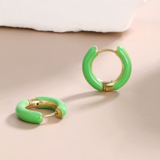 Imagen de 1 Par Respetuoso del Medio Ambiente Elegante Exquisito Oro Real Chapado Hierba Verde 304 Acero Inoxidable Esmalte Pendientes de Aro Para Mujeres Regalo 20mm Dia.