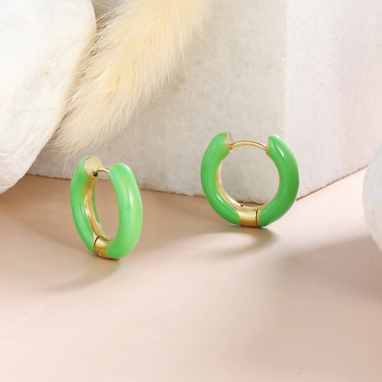 Imagen de 1 Par Respetuoso del Medio Ambiente Elegante Exquisito Oro Real Chapado Hierba Verde 304 Acero Inoxidable Esmalte Pendientes de Aro Para Mujeres Regalo 20mm Dia.