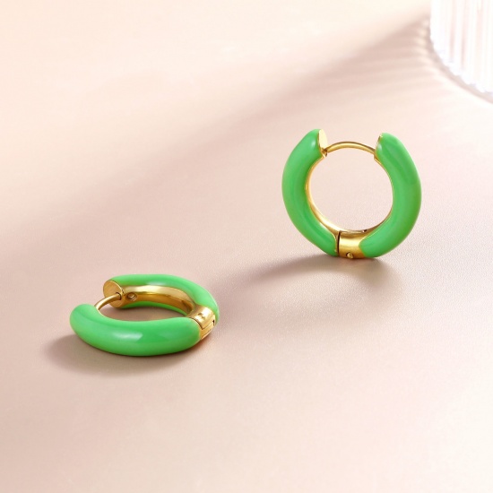 Imagen de 1 Par Respetuoso del Medio Ambiente Elegante Exquisito Oro Real Chapado Hierba Verde 304 Acero Inoxidable Esmalte Pendientes de Aro Para Mujeres Regalo 20mm Dia.