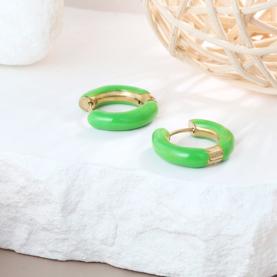 Imagen de 1 Par Respetuoso del Medio Ambiente Elegante Exquisito Oro Real Chapado Hierba Verde 304 Acero Inoxidable Esmalte Pendientes de Aro Para Mujeres Regalo 20mm Dia.