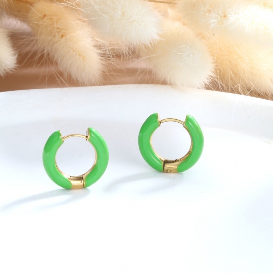Imagen de 1 Par Respetuoso del Medio Ambiente Elegante Exquisito Oro Real Chapado Hierba Verde 304 Acero Inoxidable Esmalte Pendientes de Aro Para Mujeres Regalo 20mm Dia.