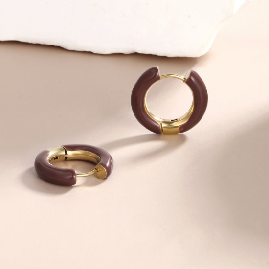 Imagen de 1 Par Respetuoso del Medio Ambiente Elegante Exquisito Oro Real Chapado Rojo Púrpura 304 Acero Inoxidable Pendientes de Aro Para Mujeres Regalo 20mm Dia.