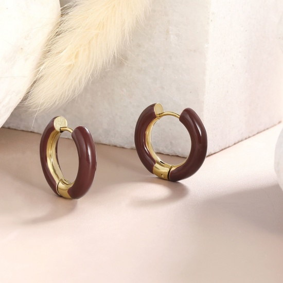 Imagen de 1 Par Respetuoso del Medio Ambiente Elegante Exquisito Oro Real Chapado Rojo Púrpura 304 Acero Inoxidable Pendientes de Aro Para Mujeres Regalo 20mm Dia.